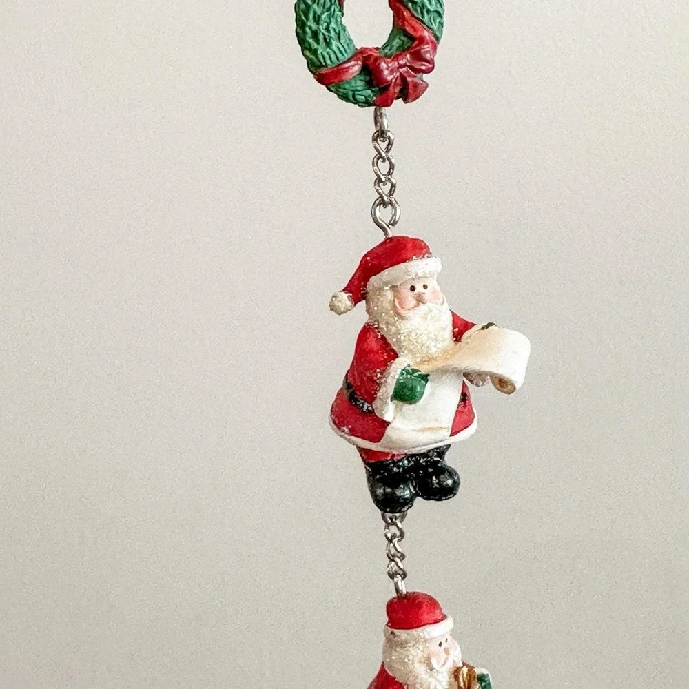VTG New RUSS 3 Santa's w/List, Bow & Present Hanging on Chain Christmas Ornament